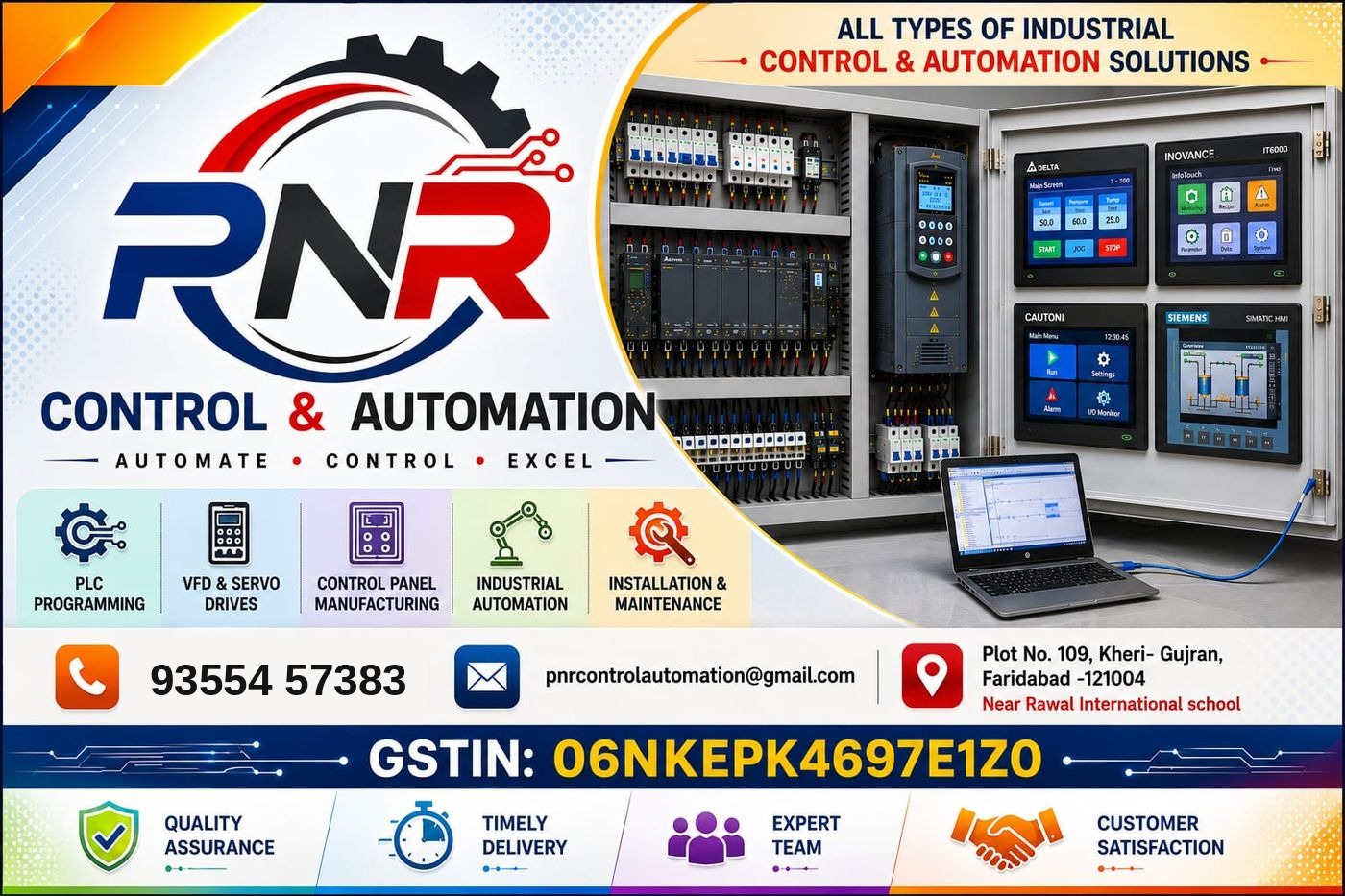 PNR Control & Automation capability overview: PLC programming, VFD & servo drives, control panel manufacturing, industrial automation and installation & maintenance