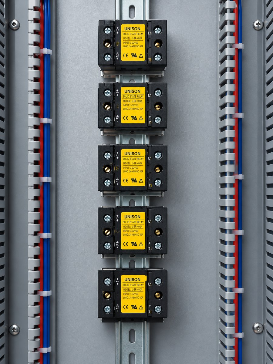 Unison solid state relay (SSR) modules mounted on a DIN rail